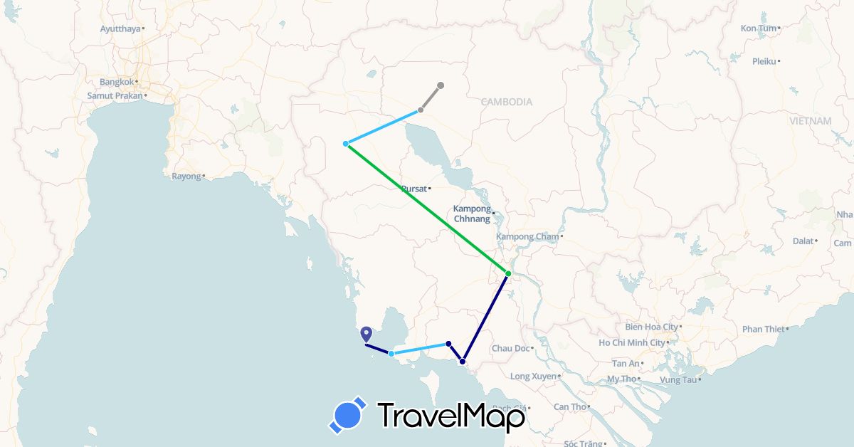 TravelMap itinerary: driving, bus, plane, boat in Cambodia (Asia)
